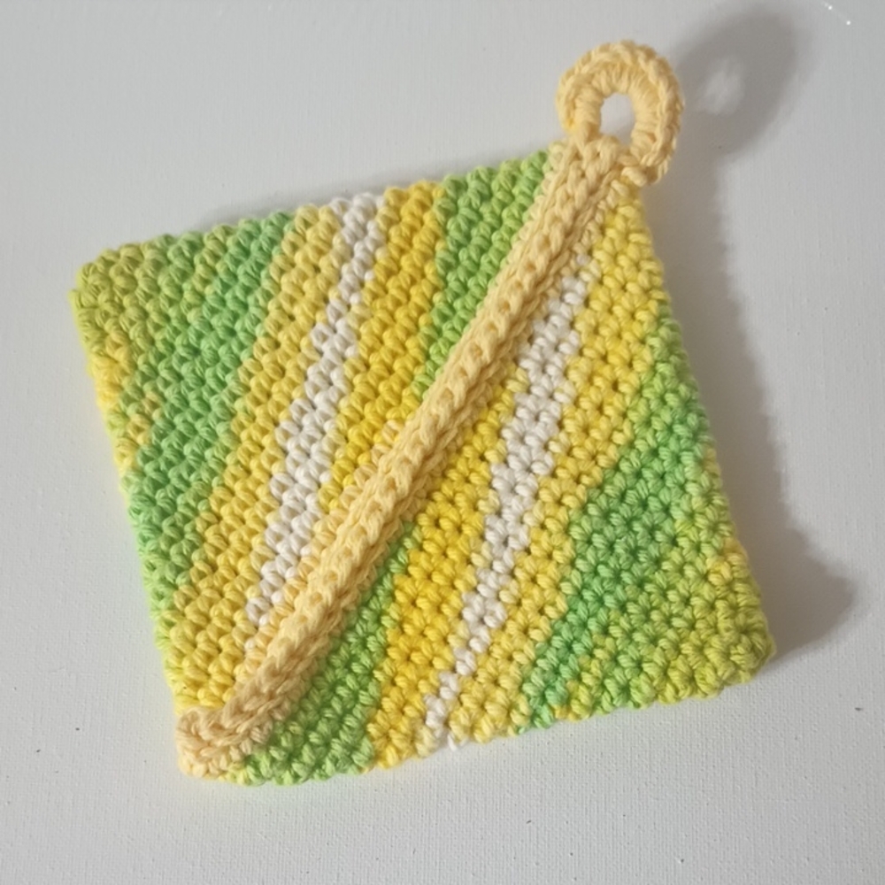 Handmade Crochet Pot Holder in Yellow, Green & White